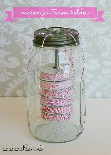 Mason Jar Twine, Mason Jar Organization, Mason Jar Projects, Jar Ideas, Office Crafts, Jar Diy, Craft Room Storage, Craft Room Office, Sewing Rooms