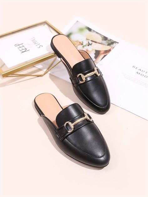 Horsebit Decor Loafer Mules | SHEIN Boho Picnic, Y2k Butterfly, Butterfly Blouse, Work Formal, Black Mules, Coachella Dress, Black Flats Shoes, Styles Summer, Fall Birthday