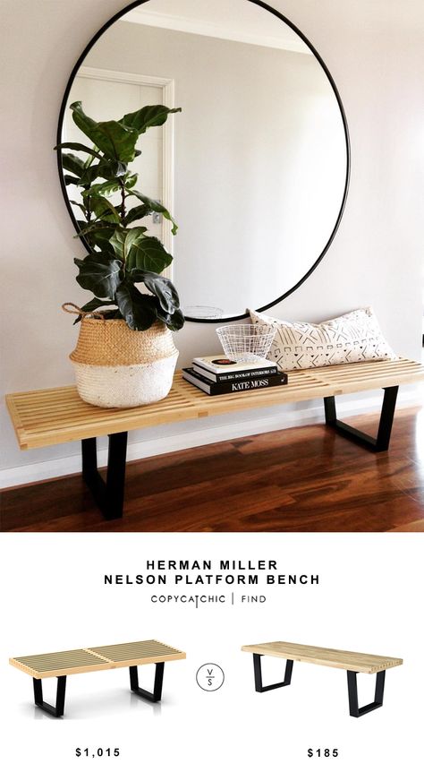 Here are some updated sources for the iconic Nelson bench!   HERMAN MILLER NELSON PLATFORM BENCH | $1,015 GEORGE NELSON STYLE BENCH | $185 image via @Megtimjakebay  See all of our looks for less on Pi Nelson Platform Bench, Diy Home Decor For Apartments, Farmhouse Side Table, Cute Dorm Rooms, George Nelson, Interaction Design, Herman Miller, Round Mirror, Boho Living Room