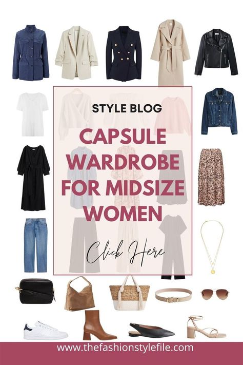 Capsule wardrobe for midsize women #midsizefashion #styleblog #outfitideas Midsize Outfits Fall, Women Investing, Midsize Fashion Fall, Midsize Women, Plus Size Capsule Wardrobe, Mid Size Outfits, Capsule Wardrobe Minimalist, Midsize Outfits, Capsule Wardrobe Work