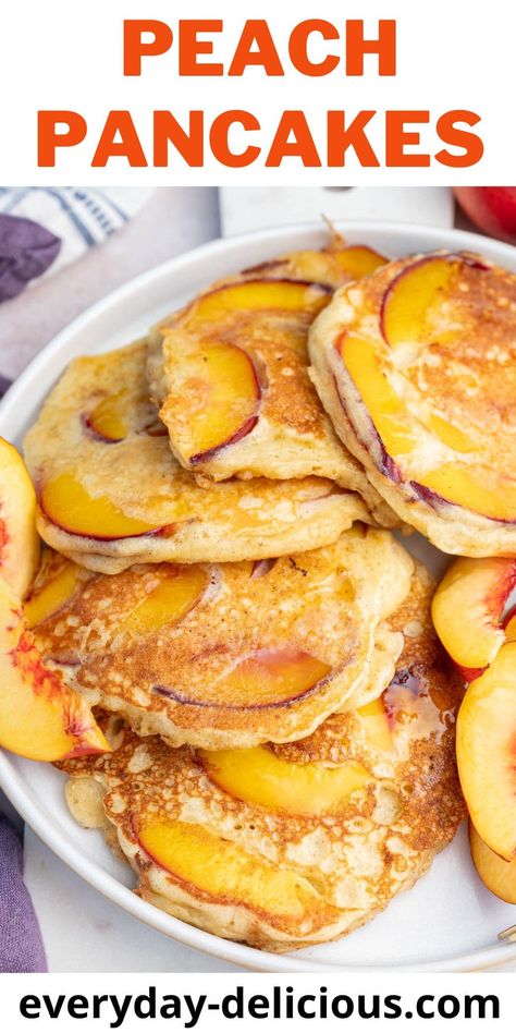 These peach pancakes make a delicious summer breakfast. The sweet, juicy peaches add a fruity twist to the fluffy pancakes. Mushroom Crepes, Peach Pancakes, Banana Chocolate Chip Pancakes, Fruit Pancakes, Peach Pie Filling, Garlic Spinach, Pancakes From Scratch, Baked Pancakes, Savory Crepes