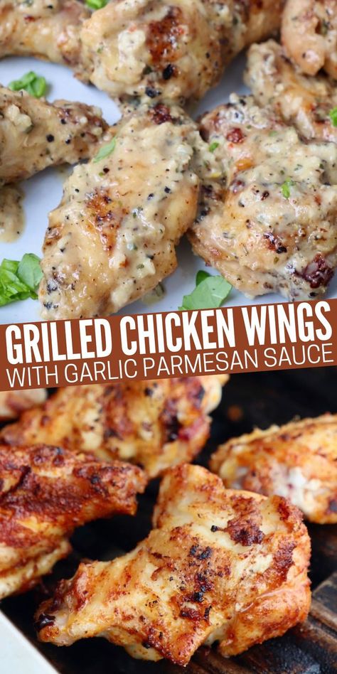 grilled chicken wings on the grill and on a plate tossed with garlic parmesan sauce Best Grilled Chicken Wings, Parmesan Wing Sauce, Grilled Chicken Wings Recipe, Chicken Wing Seasoning, Chicken Wing Marinade, The Best Grilled Chicken, Chicken Wing Dip, Chicken Seasoning Recipes, Best Grilled Chicken