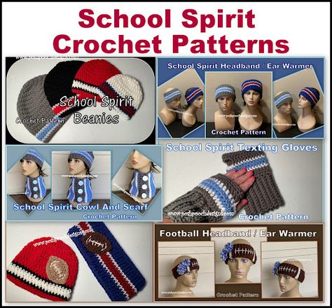 Team Spirit Crochet Scarf Pattern, Crochet School Spirit, Crochet School, Fingerless Gloves Crochet Pattern, Crochet Scarf Pattern, Crochet Gloves Pattern, Texting Gloves, Crochet Ear Warmer, Crochet Fingerless Gloves