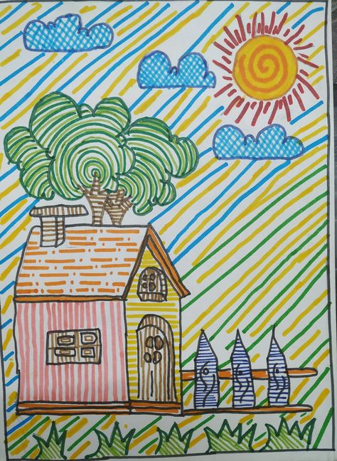 Shapes And Lines Art, Lines And Shapes Art Patterns, Drawing Using Lines, Elements Of Design Shape, Summer School Art, Basic Drawing For Kids, Easy Scenery, Elementary School Art, Relaxing Art