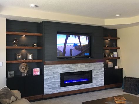 Tv Wall Idea, Design Tv Wall, Tv Wall Decoration, Tv Wall Ideas, Mount Tv, Built In Electric Fireplace, Feature Wall Living Room, Built In Shelves Living Room, Basement Inspiration