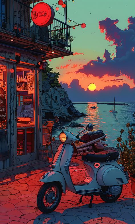 Cartoon of Matt Bors: Scooter Outside Beach Restaurant Vespa Scooters Aesthetic, Scooter Wallpaper, Scooter Aesthetic, Vespa Bike, Inspirational Digital Art, Beach Restaurant, Photography Movies, Photography Games, Lo Fi