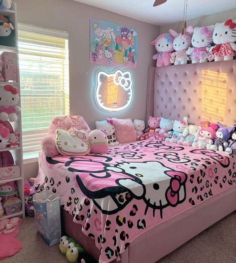 Hello Kitty Toddler Room, Hello Kitty Bedroom Aesthetic, 2010 Room, Pink Apartment Decor, Hello Kitty Room Decor, Hello Kitty Decorations, Bedroom Ideas For Small Rooms Cozy, Hello Kitty Bed, Hello Kitty Bedroom