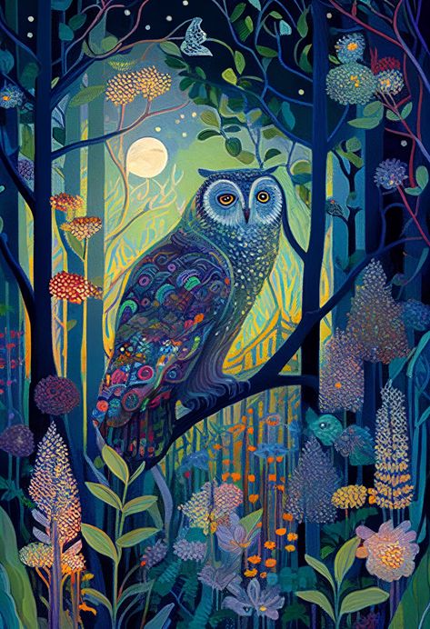 Owl Illustration Art, Owl Artwork Illustrations, Magical Forest Painting, Cute Owl Drawing, Night Owl Illustration, Dark Fantasy Owl Art, Firefly Painting, Witchy Owl Art, Chest Tattoo Ideas