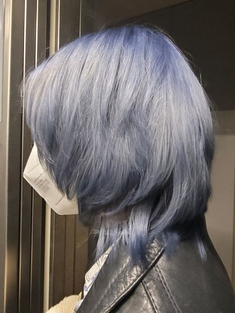 Gray Hair Men Dyed, Grey Blue Hair Color Short, Gray And Blue Hair Color, Silver Blue Hair Men, Blue Hair Reference, Grey Hair Mullet, Wolfcut Dyed Hair, Blue Wolfcut, Blue Gray Hair Color