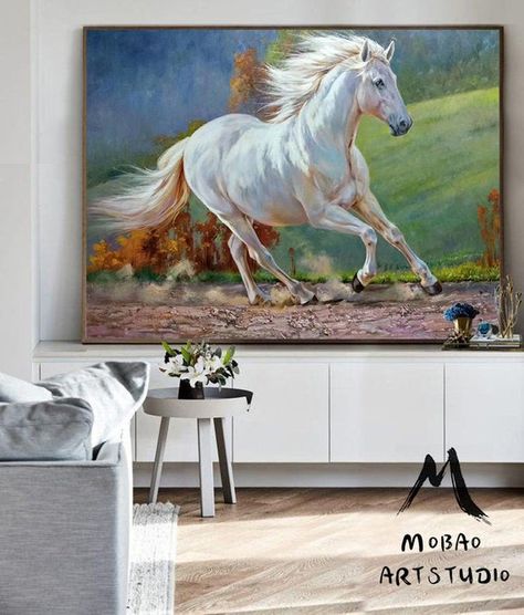 White Horse Painting, Large Wall Art Living Room, Horse Canvas Painting, Horse Oil Painting, Painting Horse, Painted Horses, Art Horse, Large Oil Painting, Grand Art Mural