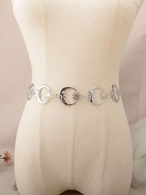 1pc Women Sun & Moon Decor Fashionable Chain Belt For Dress Decoration | SHEIN USA Moon Belt, Belt For Dress, Dress Decoration, Moon Decor, Chain Belt, Silver Moon, Sun Moon, Belted Dress, Belts For Women