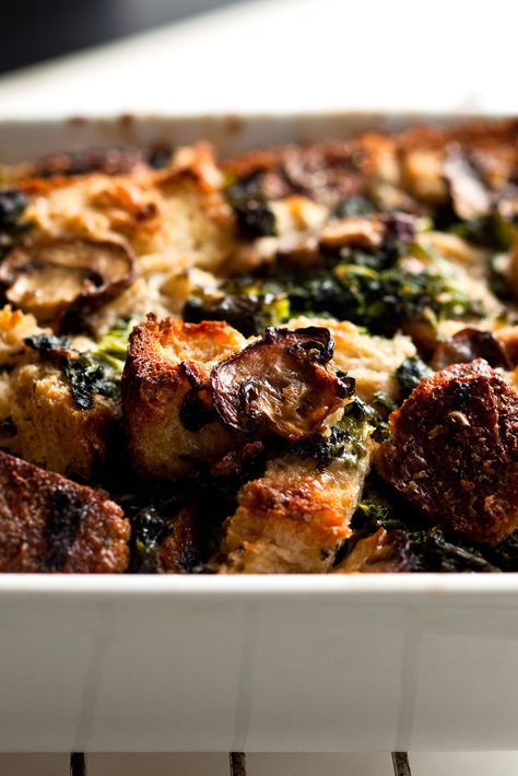 NYT Cooking: These dishes, known also as strata, can be rich, but they are just as satisfying when made with low-fat milk. The formula works well for any number of cooked vegetables tossed with stale bread and mixed with milk, eggs and cheese. Mushroom Bread Pudding Recipe, Veggie Strata Breakfast, Mushroom Thanksgiving, Spinach And Mushroom Strata, Vegetable Strata, Baked Eggs With Spinach And Mushrooms, Thanksgiving Casseroles, Mushroom Bread, Mushroom Strata