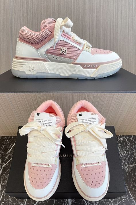 Get a harmonious blend of elegance and playfulness with these White and Pink Amiri Sneakers. These designer sneakers feature a sleek white base accented with vibrant pink hues, exuding a fresh and youthful vibe. Elevate your designer footwear collection with the distinctive flair of the White and Pink Amiri Sneakers. Pink Amiri Sneakers Outfit, Pink Amiri Sneakers, Amiri Shoes, Amiri Sneakers, Trendy Shoes Sneakers, Designer Footwear, Louis Vuitton Pink, Pink Chanel, Pink Sneakers