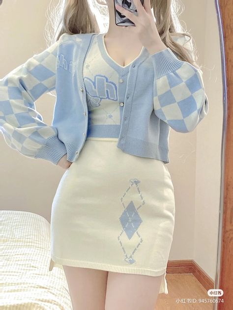 Korean Soft Aesthetic, Pastel Blue Outfit, Aesthetic Outfits Plus Size, Blue And White Outfits, Rok Mini, Pastel Outfit, Cute Dress Outfits, Soft Aesthetic, Kawaii Fashion Outfits