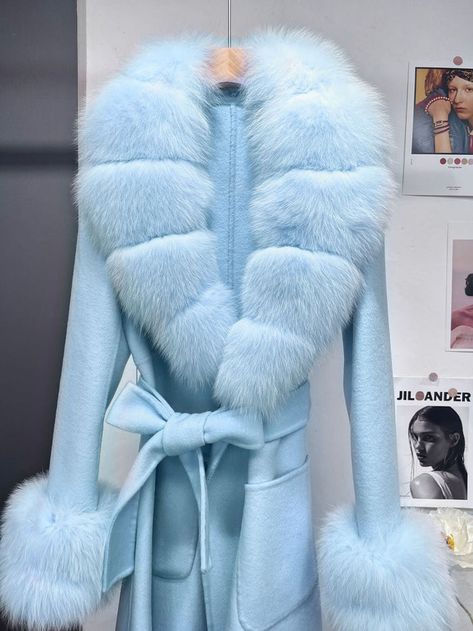 Petra Blue Fox Fur Trim Long Wool Wrap Coat for Women - Allara – ALLARA Blue Fur Coat Outfit, Blue Fur Coat, Fur Winter Coat, Wool Wrap Coat, Tie For Women, Wool Overcoat, Winter Outerwear, Wool Wrap, Wrap Coat