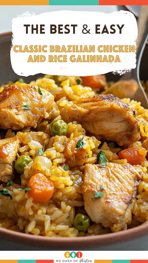 Classic Brazilian Chicken and Rice Galinhada Brazilian Chicken, Vegetarian Substitutes, One Pot Dishes, Food Stands, Chicken And Rice, Tender Chicken, Brazilian Food, Recipe Roundup, Chicken Dishes Recipes