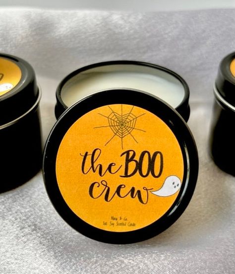 "Our \"The BOO Crew\" is the perfect Halloween theme for your bridal party gifts! An orange background with a ghost and heart spider web! So stinkin cute!! Personalize it with your favorite fall scent like Medusa's Elixir or Harvest Spice! They both smell AMAZING Bulk discounts are available! 3-4 candles - Use code BULK10 for 10% off 5-9 candles - Use code BULK15 for 15% off 10+ candles - Use code BULK20 for 20% off Product Details: *2oz Gold Tin-Blush Label on top unless another is requested Di Heart Spider Web, Bridesmaid Candles, Heart Spider, Bridesmaid Candle, Boo Crew, Smell Amazing, Fall Scents, Halloween Theme, A Ghost