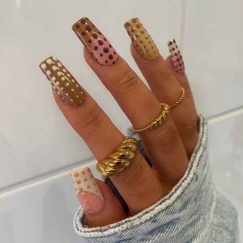 Brown Acrylics, Pretty Coffins, Dot Nail Art, Polka Dot Nails, Fall Acrylic Nails, Dots Nails, Long Square Acrylic Nails, Brown Nails, Square Acrylic Nails