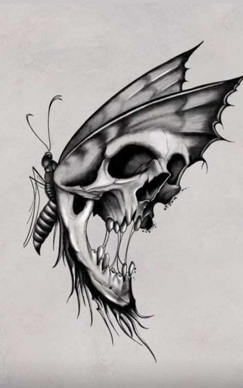 Butterflies And Skulls Tattoo Ideas, Skull In Butterfly Tattoo, Skull With Wings Drawing, Skull Guitar Drawing, Skeletal Butterfly Tattoo, Unique Skull Drawing, Butterfly Skull Hand Tattoo, Skull Butterfly Drawing, Butterfly And Skull Tattoo