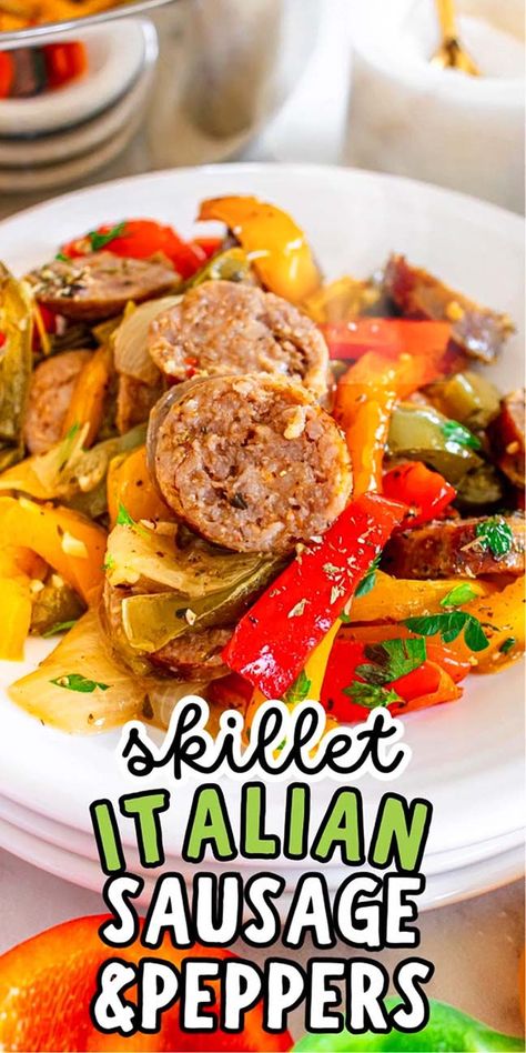 Looking for sausage recipes for dinner? This easy Italian sausage and peppers dish is a breeze to prepare and one of the best sausage dinner recipes ever. The juicy Italian sausage (take your pick from mild, sweet or hot) pairs just beautifully with the colorful, tasty bell peppers to make a simple dinner that's both mouthwatering and nutritious. The whole family will love it. Serve your skillet Italian sausage and peppers with penne or another kind of pasta, or with mashed potatoes or even rice Sausage Peppers And Onions Marinara, Sausage And Peppers Over Pasta, Sausage And Marinara Recipes, Italian Sausages With Peppers And Onions, Sausage And Peppers Rustica, Sausage Pepper And Onion Pasta, Sausage Peppers Onions Pasta, Sauteed Sausage And Peppers Onions, Italian Sausage Peppers And Onions Pasta