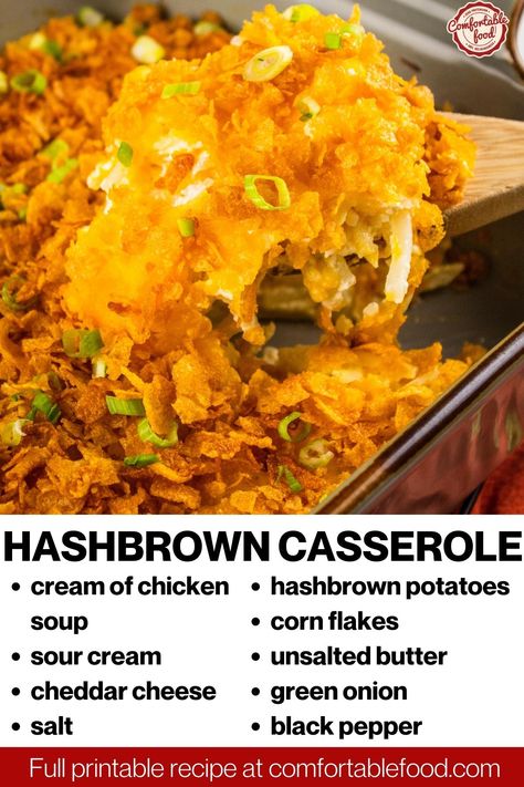 You can't go wrong with an easy and delicious recipe like cheesy hashbrown casserole! It's comfort food at its finest and is such a great meal to prepare all year round that the whole family will love! Cheesy Hashbrown, Hashbrown Casserole Recipe, Cheesy Hashbrown Casserole, Canned Potatoes, Hashbrown Casserole, Christmas Buffet, Fresh Potato, Hashbrown Recipes, Cheesy Casserole