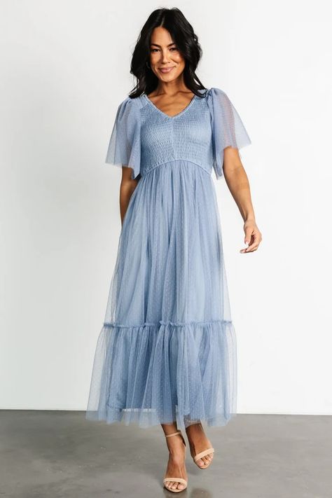 Martha Smocked Tulle Dress | Dusty Blue | Baltic Born Tea Party Bridesmaid Dresses, Modest Blue Bridesmaid Dresses, Pink And Blue Bridesmaid Dresses, Light Blue Clothes, Phoebe Wedding, Dusty Blue Dresses, Blue Baby Shower Dress, Plus Size Wedding Guest Dress, Dress Dusty Blue