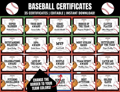 Give these awesome editable and printable Baseball Award Certificates at your end-of-the-season baseball team party as a special memento for each player! ✨Try Before You Buy✨  ----------------------------------------------  Check out how easy it is to edit your baseball team awards in Jet Template by copying and pasting this link into a new browser window: www.jettemplate.com/demo/ZO9031 You can easily edit the fonts, text, and borders of these Baseball Certificates in Jet Template or print the Baseball Superlative Awards, Baseball Certificate Free Printable, Tball Awards Ideas, Softball Award Ideas, Baseball Award Ideas, Baseball Awards End Of Season, Baseball End Of Season Party, End Of Season Baseball Party, Tball Coach