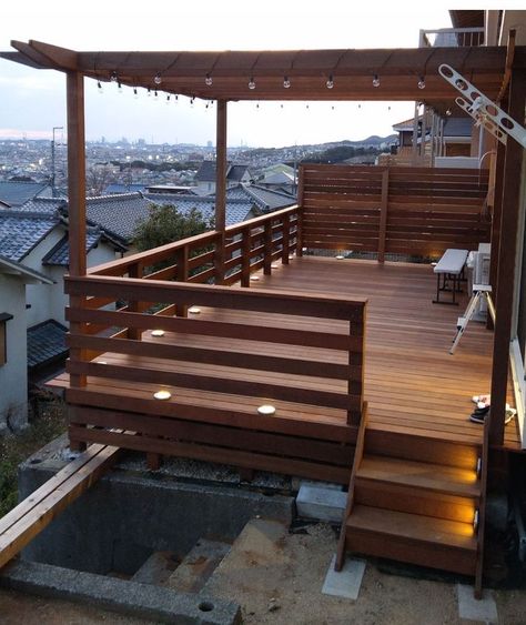 Backyard Lights Ideas, Backyard Lights, Small Backyard Decks, Wood Aesthetic, Patio Railing, Wooden Patio, Deck Railing Design, Porch Addition, Patio Deck Designs