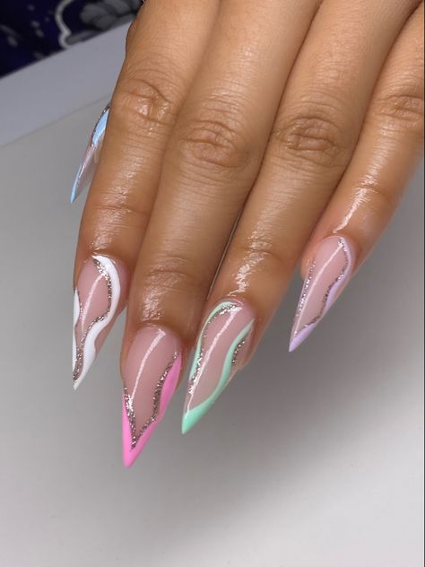 Baddie Nails Stiletto, Baddie Stiletto Nails, Nail Boo, Blue Stiletto Nails, Stilleto Nails Designs, Purple Nail Art, Wedding Nails Glitter, Pointy Nails, Gel Nail Art Designs