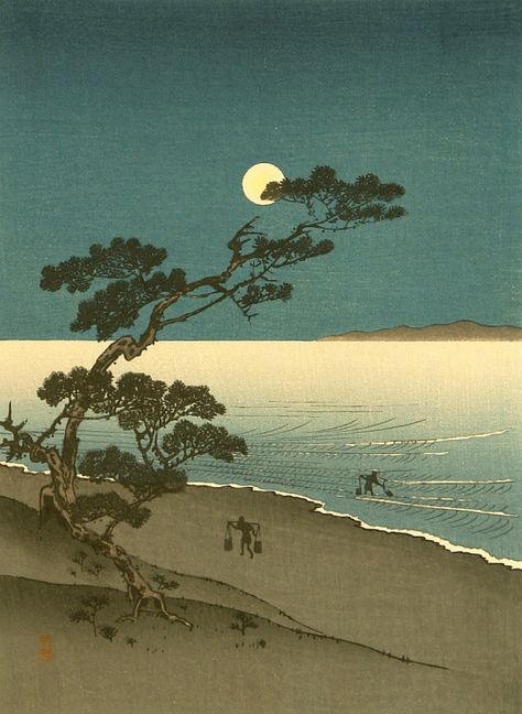 Japanese Woodblock Print, Beach At Night, Japanese Art Prints, Japanese Artwork, Traditional Japanese Art, Art Asiatique, Japon Illustration, Japanese Landscape, Japanese Woodblock