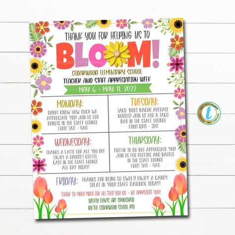 EDITABLE Teacher Appreciation Week Itinerary, Appreciation Bloom Grow Floral Flowers Spring Garden Theme, Schedule Events Printable EDITABLE #teachergifts
 #teachergiftideas
 #teacherappreciationgifts
 #teacherappreciationweek #gradgifts, #graduationgiftideas, #highschoolgraduationgiftideas, #graduationgifts. https://whispers-in-the-wind.com/top-10-graduation-gift-ideas/?teacher Themed Appreciation Week, After School Appreciation Week, Teacher Appreciation Week Themes For Students, Teacher Appreciation Week Ideas Student, Teacher Appreciation Growing Theme, Bloom Teacher Appreciation Week, Teacher Appreciation Theme Days, Staff Appreciation Events, Garden Teacher Appreciation Week