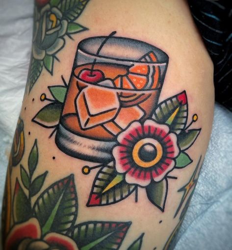 Whiskey Glass Tattoo Traditional, Old Fashioned Tattoo Drink, Traditional Cocktail Tattoo, Traditional Whiskey Tattoo, Rocks Glass Tattoo, Old Fashioned Cocktail Tattoo, Drink Tattoo Ideas, Drink Tattoo Cocktails, Whiskey Tattoo Ideas