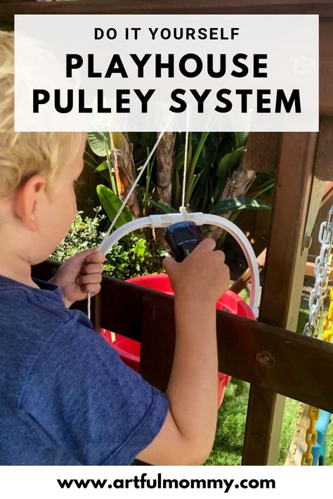 We added a "pulley system" to the play structure. Well actually there was no pulley involved, instead we found some simple supplies in the garage (a wall hook, screws, rope, an old red bucket and a cleat) and put together a makeshift one in about 10 minutes. #Artfulmommy #STEAM Pulley Bucket For Fort, Bunk Bed Pulley System, Diy Pully System Ideas, Bucket Pulley Tree Houses, Pulley System For Groceries, Tree House Pulley System, Treehouse Pulley System, Pully System Ideas Diy, Transporting Schema