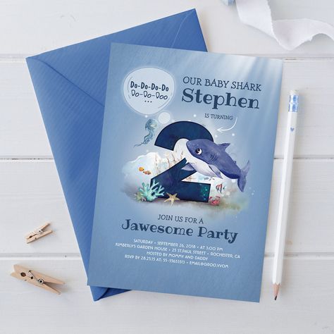 Baby Shark Under the Sea 2nd Birthday Invitation 2nd Birthday Invite, Shark Birthday Invitations, Baby Shark Birthday, Toddler Parties, Shark Birthday Party, Sea Birthday Party, 2nd Birthday Invitations, Shark Party, Sea Birthday