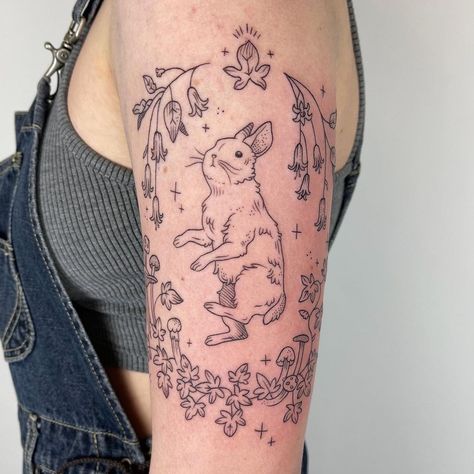 Rabbit Tattoo Aesthetic, White Rabbit Tattoo Ideas, Brambly Hedge Tattoo, Rabbit Tattoo Placement, Witchy Rabbit Tattoo, Cottagecore Tattoo, Grace Tattoos, Bunny Tattoos, Full Body Tattoo