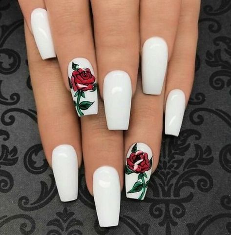 follow me! @katieestarrr White Acrylic Nails, Her Nails, Nails Tumblr, Coffin Shape Nails, Rose Nails, White Nail Designs, Nail Swag, Coffin Nails Designs, Floral Nails