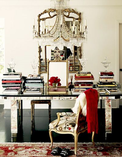 . . . would think a better place to work would be a clear and tidy desk, but maximalist tendencies are hopelessly drawn to the gilt and wonderfully ornate mirror and glamorous chandelier, cut crystal candy dishes and stacks upon stacks of favourite books and imagine this to be the most perfect place for inspiration, » Kardashian Closet, Design Hotel, Paris Apartments, Design Del Prodotto, Office Inspiration, Home Interiors, Khloe Kardashian, Home Office Design, New Classic