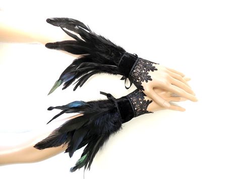 Goth raven crow feather cuff gauntlet wristbands by DeadDollsShop Raven Costume, Couture Dior, Crow Costume, Feather Cuffs, Crow Feather, Feather Cuff, Bird Costume, Burlesque Costumes, Burlesque Costume