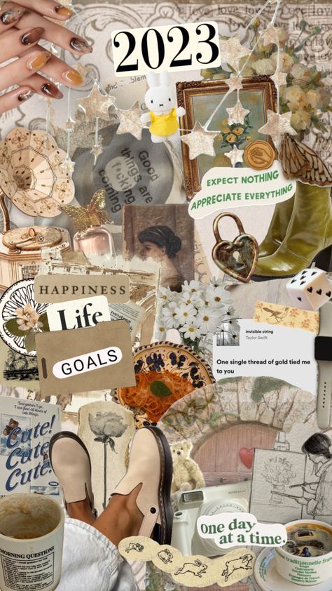 6 months into the year - how much of your vision board has come to fruition so far? 🧸 #visionboard #collage #vibes #wallpaper #nature #vintage #journal #motivation #quotes Collage Inspiration Board, Vision Board Activity, Journal Motivation, Vision Journal, Vision Collage, 2024 Journal, Aesthetic Collages, Vision Board Collage, Dream Collage