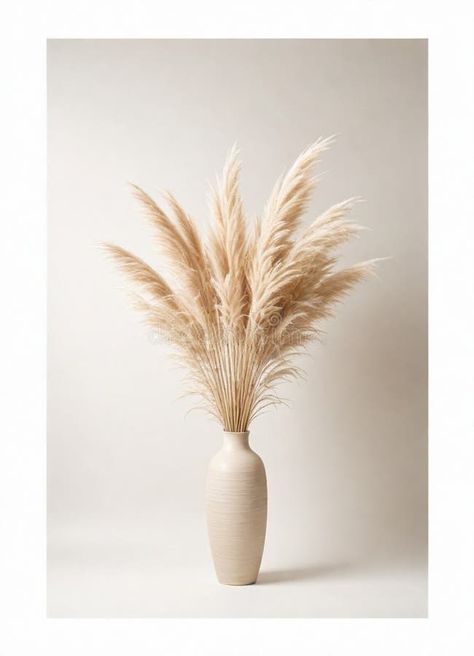 Tan vase with feathers and pampas on it stock photos Pampas Grass In Tall Vase, Feather Plant In Vase, Vase Pampa, Vase With Feathers, Pampas Decoration, Running Decorations, Vase With Pampas, Tan Vase, Pampas Grass Vase