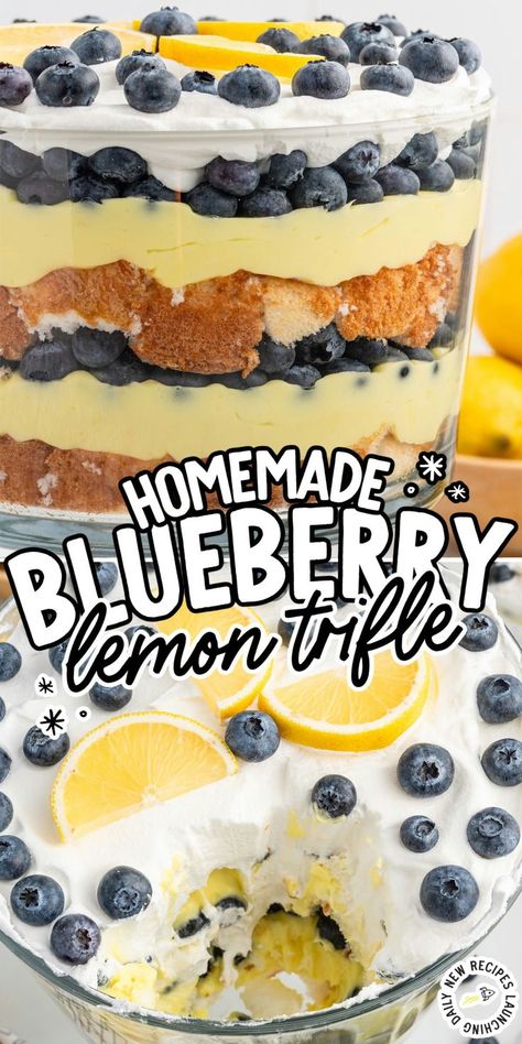 Lemon Blueberry Trifle Lemon Blueberry Angel Food Cake, Blueberry Lemon Trifle Desserts, Lemon Blueberry Trifle Angel Food Cake, Lemon Angel Food Cake Bars, Blueberry Trifle Recipe, Angel Food Trifle, Lemon Cream Cheese Filling, Blueberry Pudding Cake, Angel Food Cake Trifle