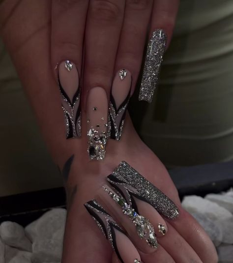 Dramatic Prom Nails, Neutral Bling Nails, Rhinestones In Hair Prom, Fancy Long Nails, Bad And Boujee Nails Acrylic, Birthday Nails Coffin Rhinestones, Rhinestone Prom Nails, Neutral Glam Nails, Bling Prom Nails