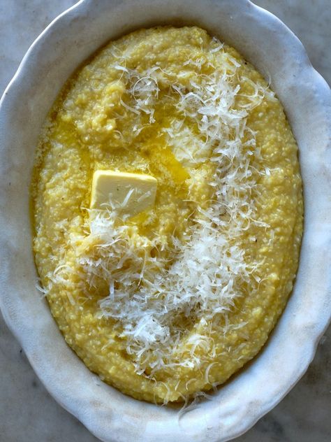 Creamy polenta topped with butter and Parmesan cheese in a white oval bowl. Creamy Polenta Recipes, Cooking Polenta, What Is Polenta, Cornmeal Polenta, Grilled Polenta, 101 Cookbooks, How To Cook Polenta, Baked Mushrooms, Polenta Recipes