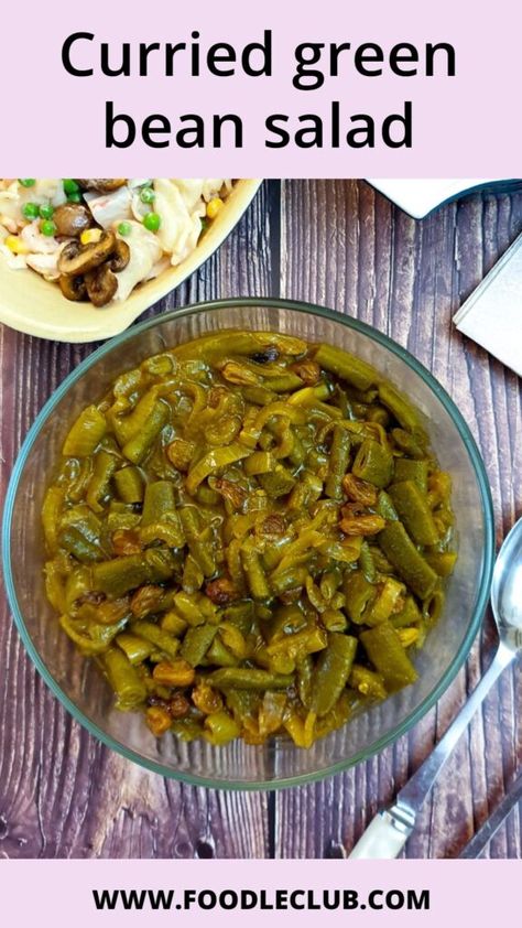 Curried green bean salad is one of my favourite side dishes for summer dining. The tangy curry-flavoured sauce is the perfect foil for the sweetness of the beans, and because it is served cold, this dish is ideal for eating outdoors. #foodleclub #homemde #curriedgreenbeans #curriedbeans #beansalad #southafricanbeansalad Green Beans Salad Recipes, Green Bean Salad Recipes Cold, Curry Green Beans Recipe, Warm Green Bean Salad, Green Beans Curry, Curried Beans Recipe, Potato Green Bean Curry, Green Bean Curry, Curry Side Dishes