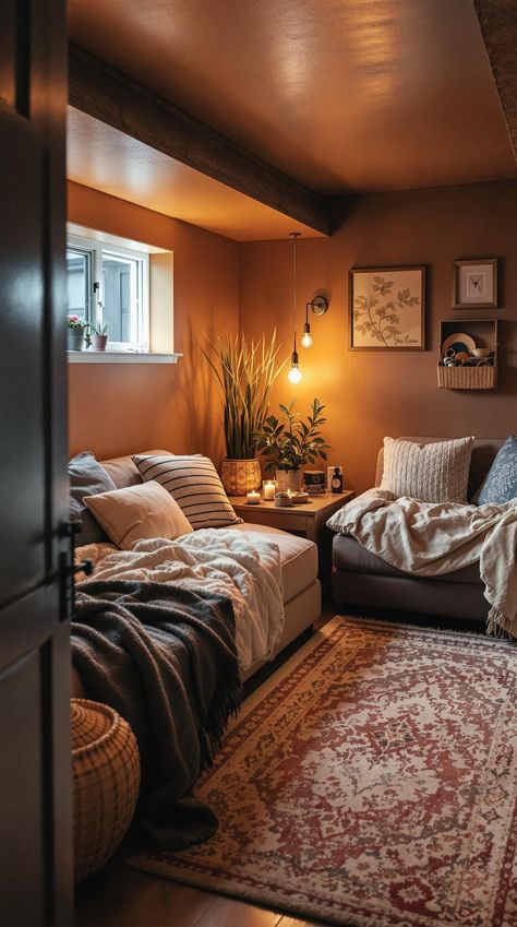 Basement Bedroom Ideas Basement Bedroom Storage Ideas, Tiny Basement Living Room Ideas, Cozy Basement Lighting, Guest Room Ideas Basement, Finished Basement Guest Room, Guest Bedroom In Basement Ideas, How To Make A Basement Bedroom Cozy, Basement Small Bedroom Ideas, Cozy Spare Room Ideas