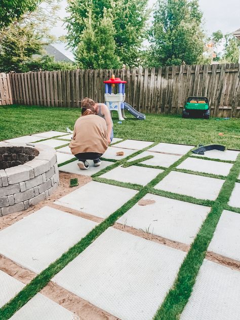 DIY patio with grass between pavers and a fire pit! Diy Circle Patio, Pavers For Flower Beds, Back Patio On A Budget, Shared Front Yard With Neighbor, Backyard Large Pavers Ideas, How To Paver Patio, Diy Patio Pavers Budget Backyard Ideas, How To Level Ground For Pavers, Paver Backyard Ideas