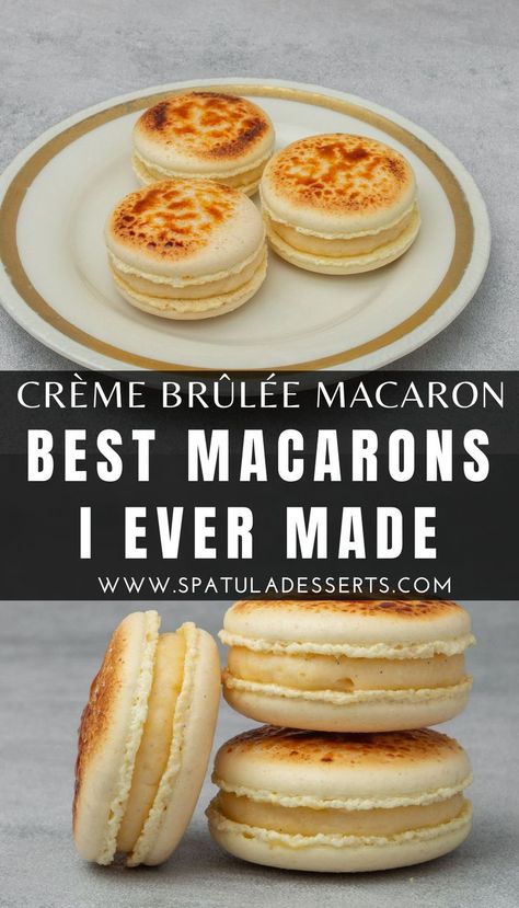 Creme Brulee Macaron Recipe, Best French Macaron Recipe, Best Macaroons Recipe, Macroom Recipe, Creme Brulee Macaron, Disney Macaroons, Buttercream For Macarons, French Macaroons Recipe, Macaroon Flavors