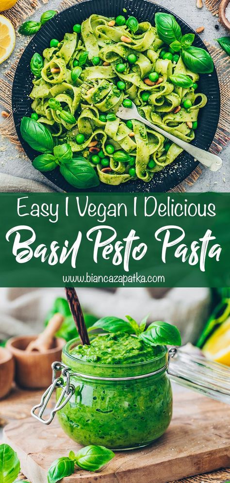 Vegan Basil Pesto, Green Pasta Sauce, Italian Sauces, Vegan Pesto Recipe, Vegan Pesto Pasta, Pasta Gnocchi, Basil Pesto Recipe, Basil Pesto Pasta, Vegan Pasta Sauce