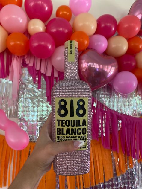 Bedazzled 818 Bottle, Sparkly Birthday Decorations, 21 Birthday Pink Theme, Bedazzled Bottle 21st Birthday, 21st Vegas Birthday Ideas, Miami 21st Birthday, Unique 21st Birthday Ideas, Groovy 21st Birthday, 21st Birthday Party Aesthetic