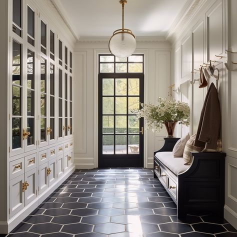 Mudroom With Checkered Floor, Eclectic Mudroom Entryway, Mud Hallway Ideas, Adventurers Aesthetic, Mud Room Tile Floor Ideas, Mud Room Ideas Entryway Entrance, Mudroom Flooring Ideas, Mud Room Entrance, Luxe Lodge